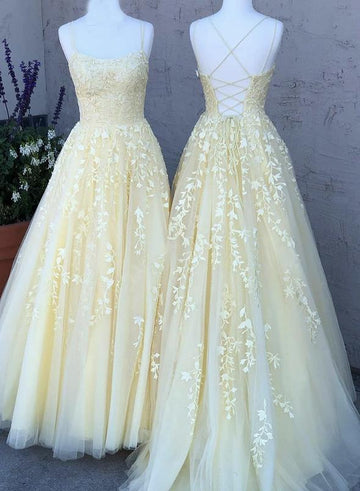 Yellow tulle lace long prom dress yellow evening dress HZ1023